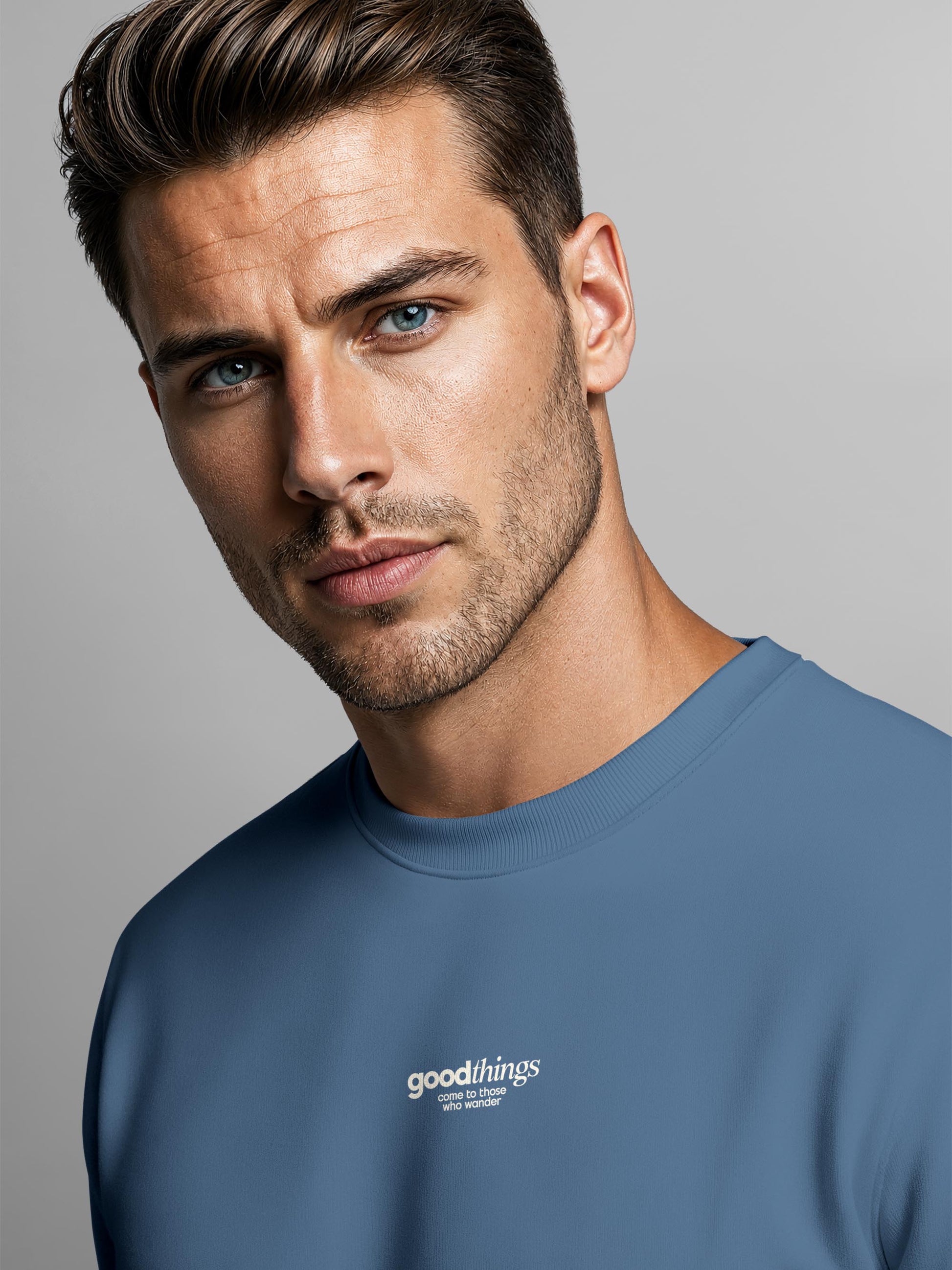 [AI generated] indigo blue slim-fit